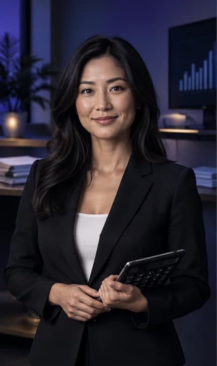 English Accountant AI avatar presenter in a professional finance setting