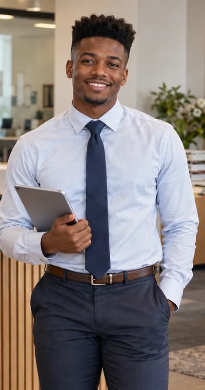 English Administrative Assistant AI avatar presenter in a professional business setting
