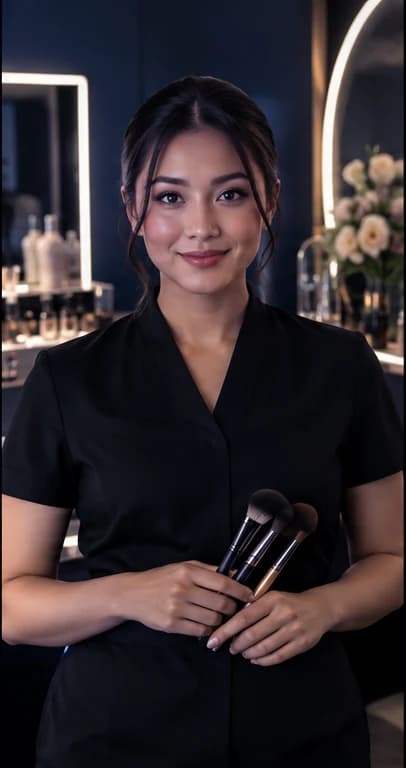 English Beauty Consultant AI avatar presenter in a professional beauty setting