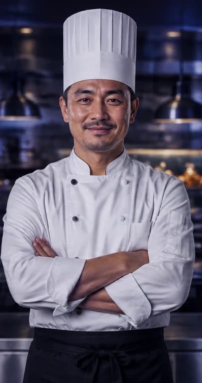 English Chef AI avatar presenter in a professional hospitality setting
