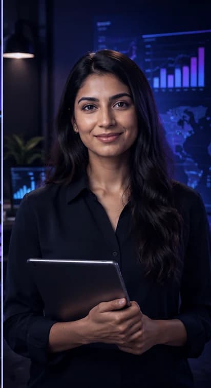 English Data Analyst AI avatar presenter in a professional technology setting