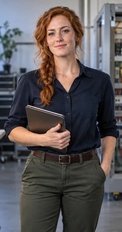 English Electrical Engineer AI avatar presenter in a professional engineering setting