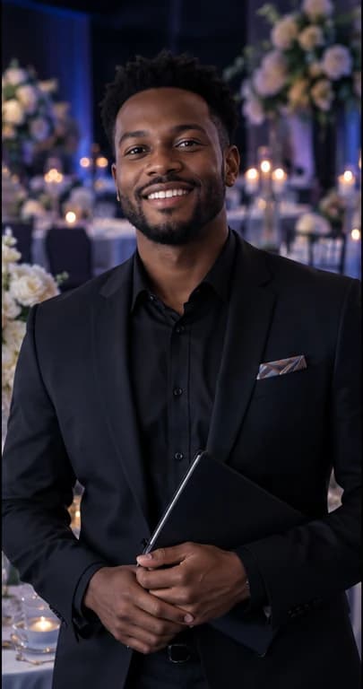 English Event Planner AI avatar presenter in a professional events setting