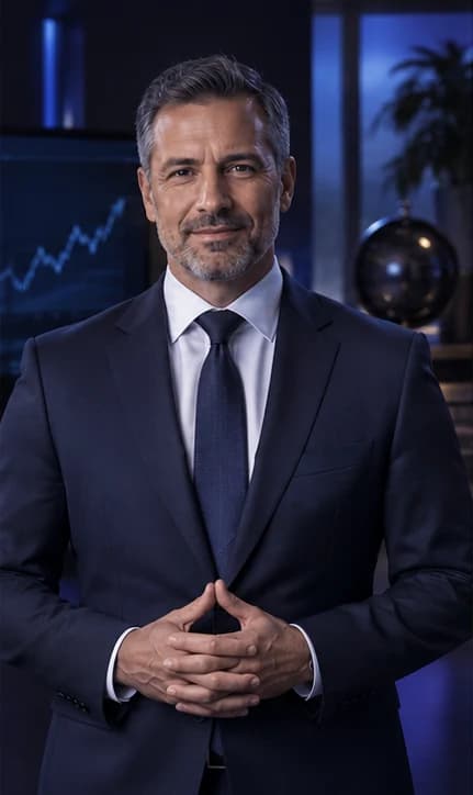 English Financial Advisor AI avatar presenter in a professional finance setting