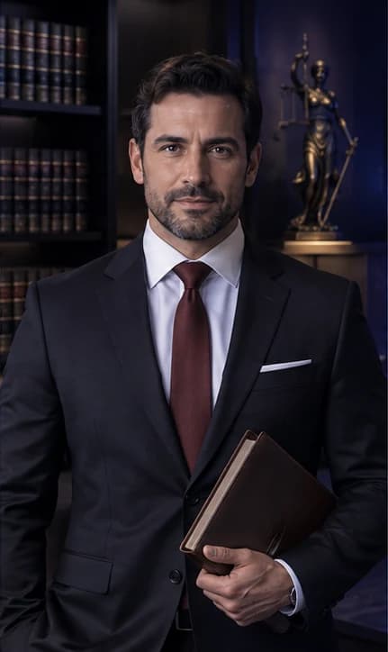 English Lawyer AI avatar presenter in a professional legal setting