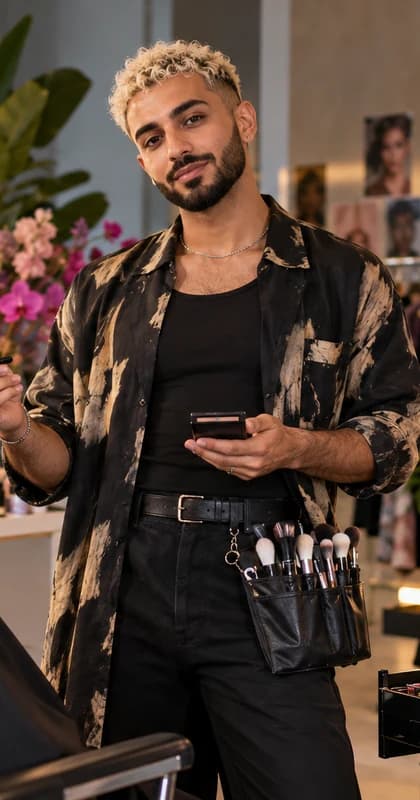 English Makeup Artist AI avatar presenter in a professional beauty setting