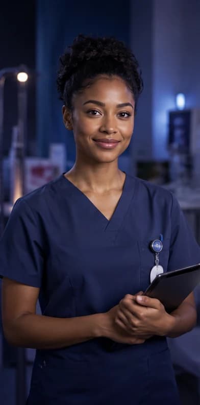 English Nurse AI avatar presenter in a professional healthcare setting