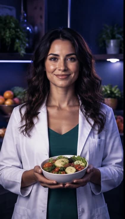 English Nutritionist AI avatar presenter in a professional healthcare setting