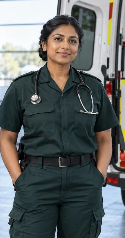 English Paramedic AI avatar presenter in a professional healthcare setting