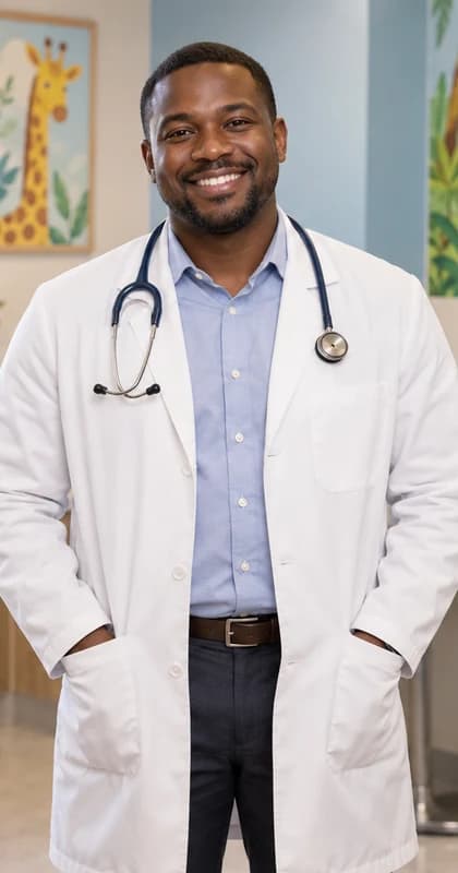 English Pediatrician AI avatar presenter in a professional healthcare setting