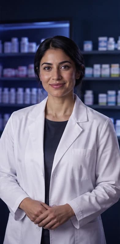English Pharmacist AI avatar presenter in a professional healthcare setting