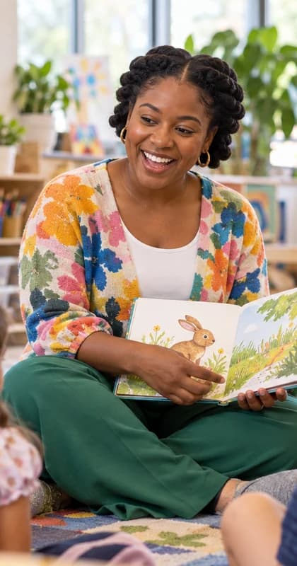 English Preschool Teacher AI avatar presenter in a professional education setting