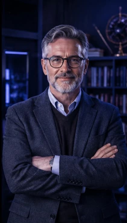 English Professor AI avatar presenter in a professional education setting