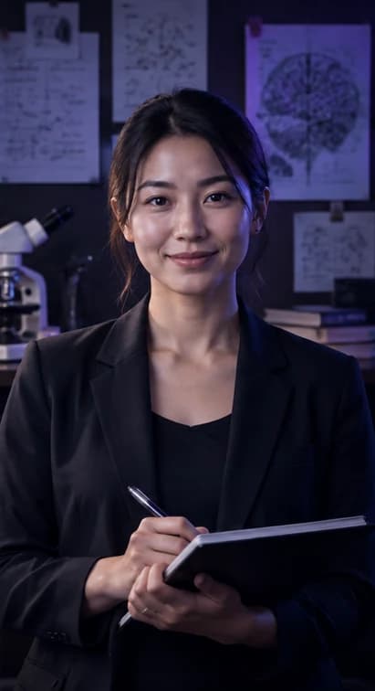 English Researcher AI avatar presenter in a professional science setting
