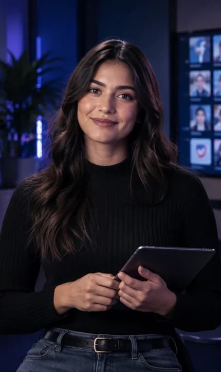 English Social Media Manager AI avatar presenter in a professional marketing setting