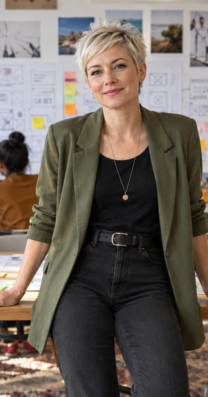 English UX Designer AI avatar presenter in a professional technology setting