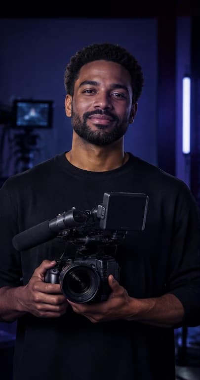 English Videographer AI avatar presenter in a professional creative setting