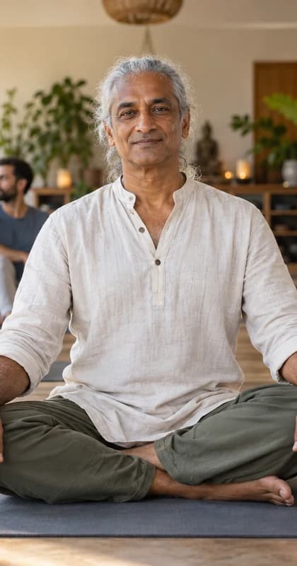 English Yoga Instructor AI avatar presenter in a professional wellness setting