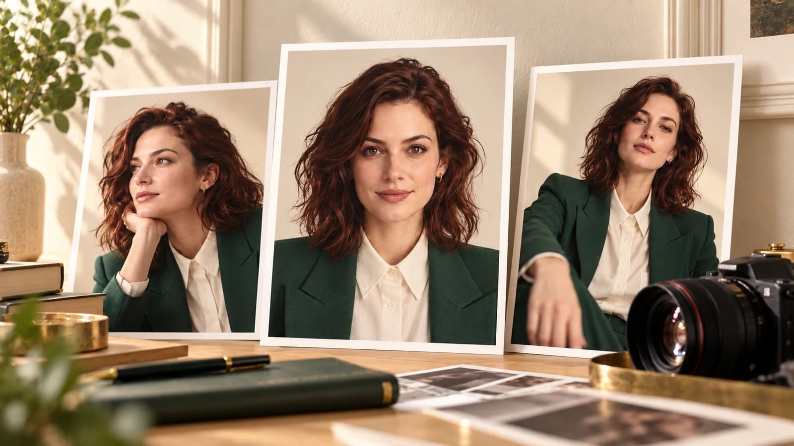 Three daylight portraits of the same fictional adult character in a forest-green jacket, showing a consistent identity across poses