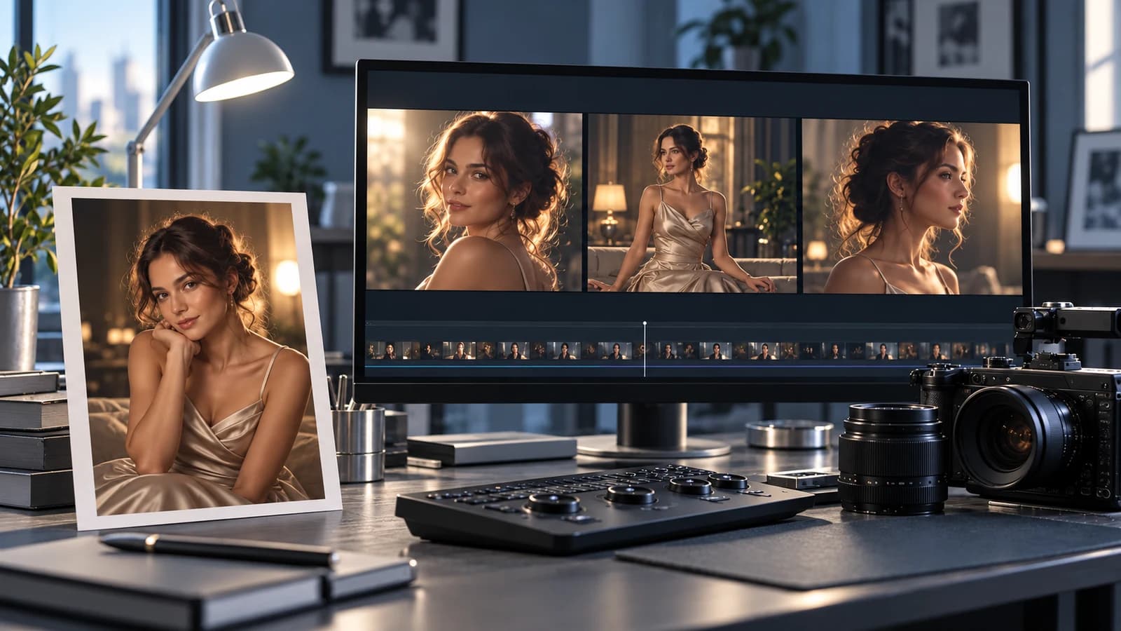 A printed adult portrait and matching video frames in a blue-gray editing suite illustrate turning a reference image into video