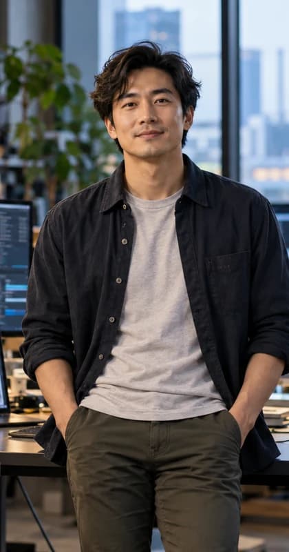 English AI Engineer AI avatar presenter in a professional technology setting