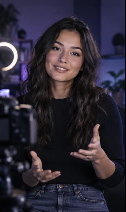 English Content Creator AI avatar presenter in a professional media setting