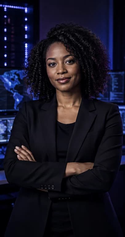 English Cybersecurity Specialist AI avatar presenter in a professional technology setting