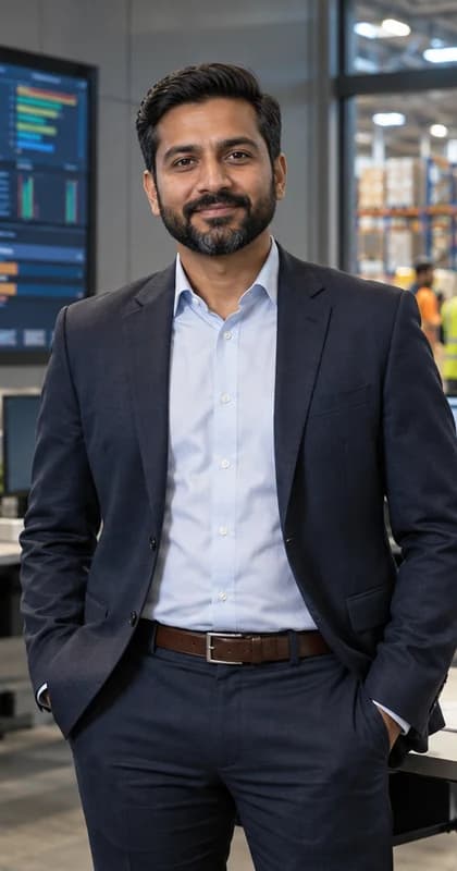 English Operations Manager AI avatar presenter in a professional business setting