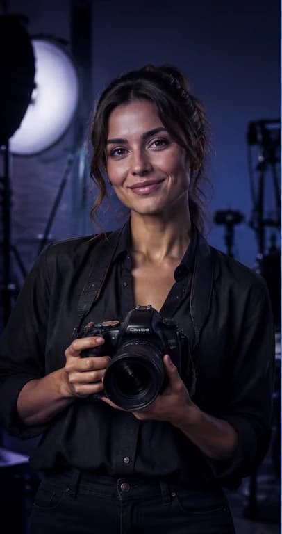 English Photographer AI avatar presenter in a professional creative setting