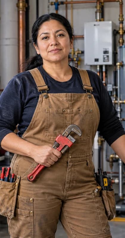 English Plumber AI avatar presenter in a professional skilled trades setting