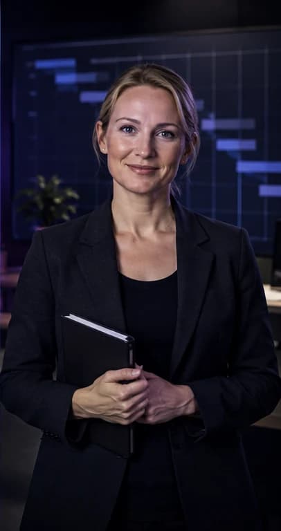 English Project Manager AI avatar presenter in a professional business setting
