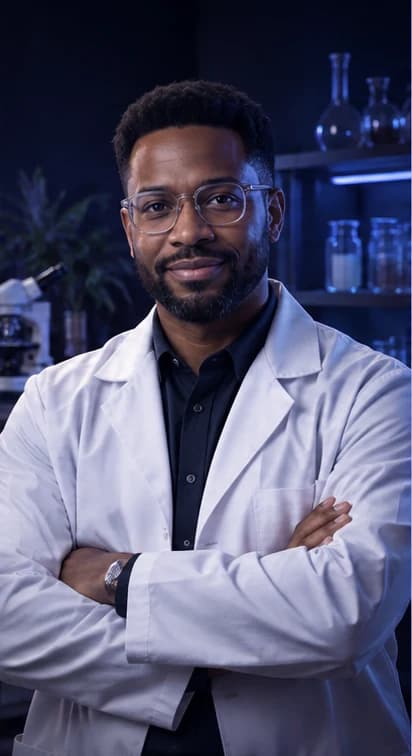 English Scientist AI avatar presenter in a professional science setting