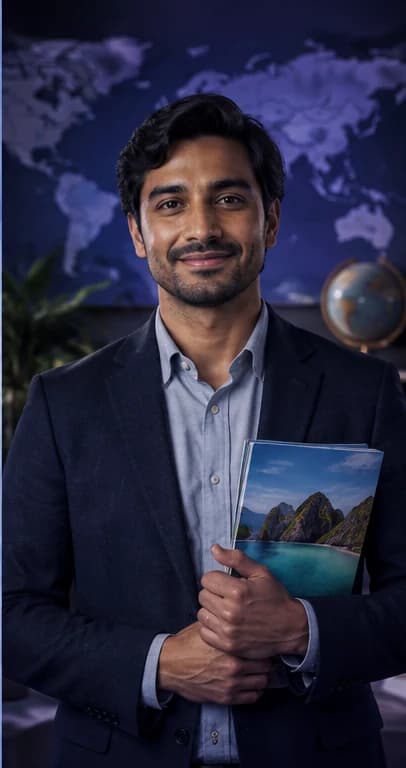 English Travel Agent AI avatar presenter in a professional hospitality setting