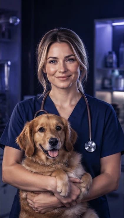 English Veterinarian AI avatar presenter in a professional healthcare setting