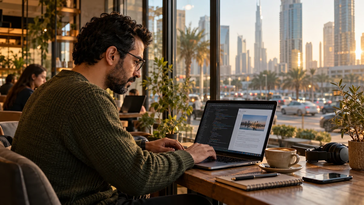 A developer completing coding and document work in a cafe.