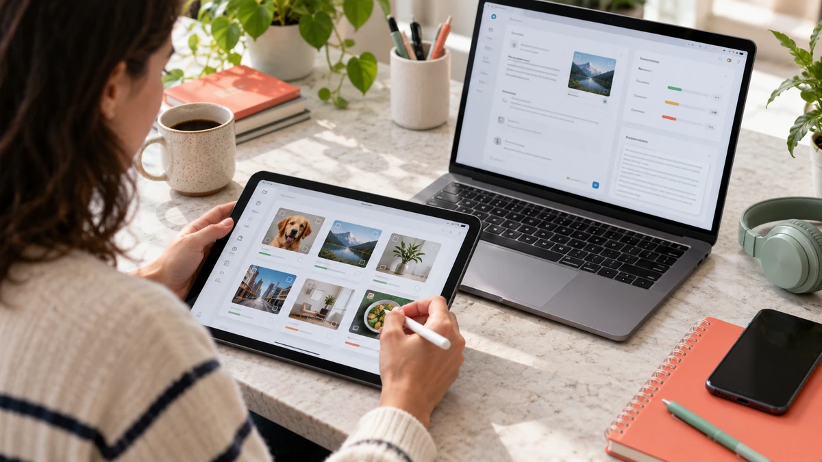 A reviewer evaluating image and text content on a tablet and laptop.