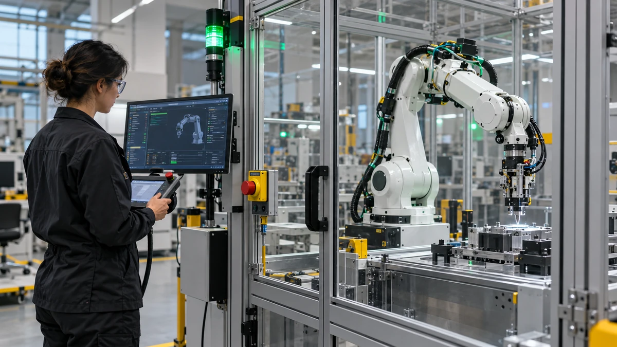 An engineer supervising a robotic system inside a safety enclosure.