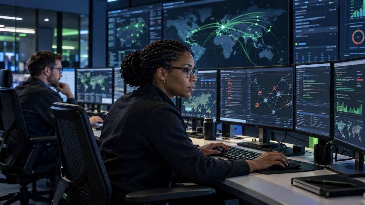 Security analysts monitoring systems in an operations center.